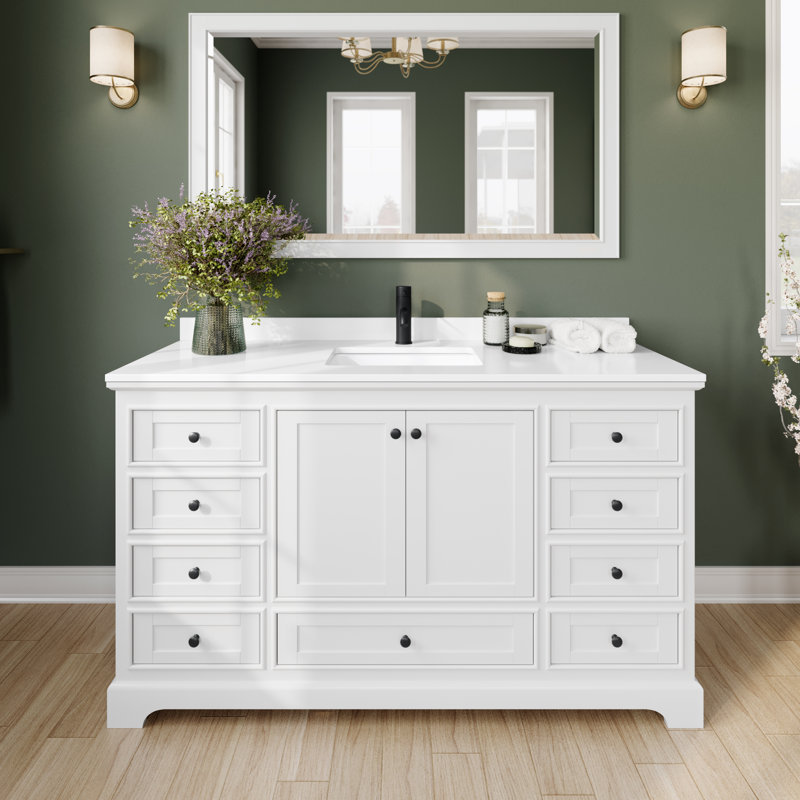 Deborah 60'' Single Bathroom Vanity with Marble Top, White Cultured Marble, White/Matte Black