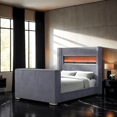 Gris 1pc lit très grand lit à oreilles avec tête de lit et mobilier de chambre à coucher avec pied de lit télé