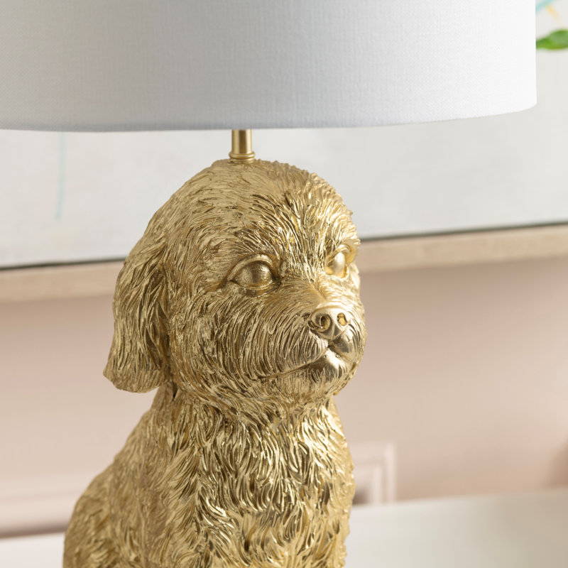 Gold Resin Doodle Dog Table Lamp With Linen Shade