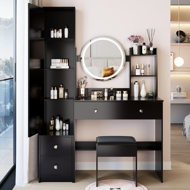 3 - Color Adjustable Brightness Touch Control Led Vanity Table And Full Body Mirror Cabinet With Cushioned Stool, American Design, Black Material, 44.43 In Depth, 14.35 Width, 64.05 Height, 79.32 Lb