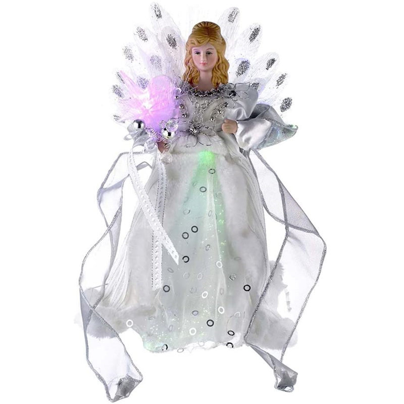 12-Inch White and Silver LED Fiber Optic Angel Tree Topper
