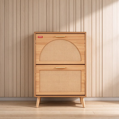 Armoire à chaussures avec tiroirs rabattables, range-chaussures en rotin pour le vestibule, étagère à chaussures étroite autoportante avec portes arquées tissées, armoire de couloir en bois pour bottes à talons et pantoufles