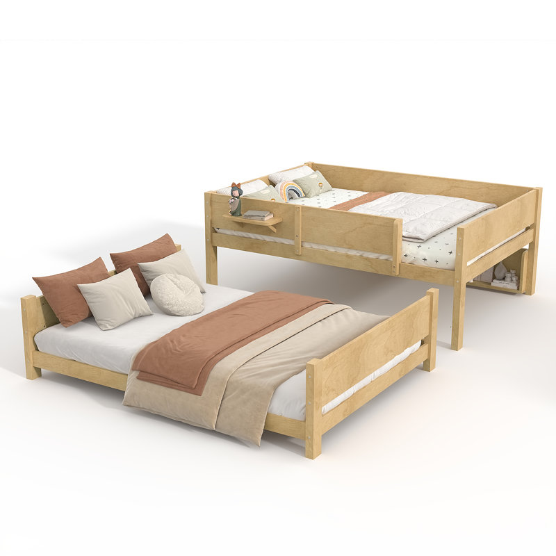 Lit superposé grand sur grand avec tablettes et plateau de rangement - Bois massif, lattes améliorées, conception peu encombrante, naturel clair