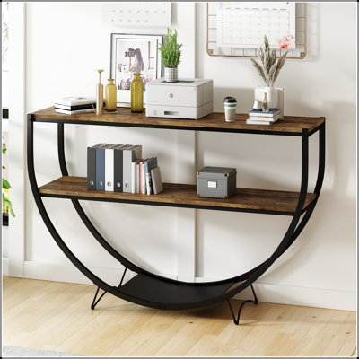 Rustic Industrial Design Demilune Shape Textured Metal Distressed Wood Console Table