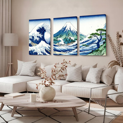 Hokusai Wave and Mount Fuji Canvas Wrapped Wall Art, Japanese Ukiyo-e Style Print (Set of 3)