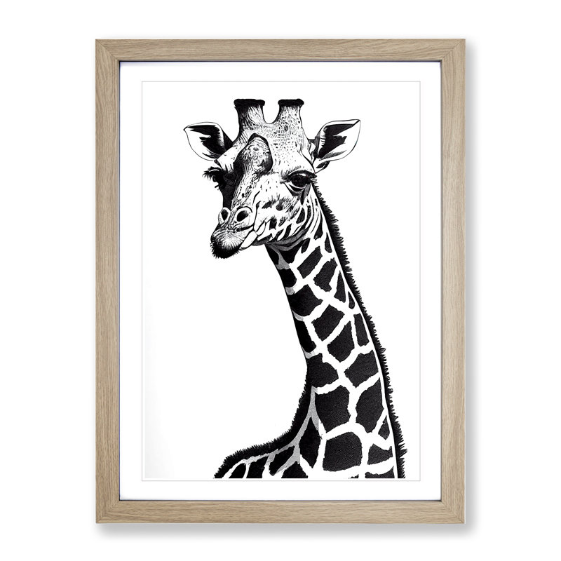 Monochrome Giraffe - Framed Print, 64cm H x 46cm W x 2cm D, Oak