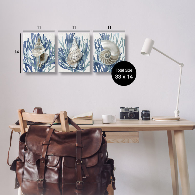 «Trio of Shells & Coral», ensemble de 3 toiles murales par Caroline Kelly, H 14 po x l 11 po