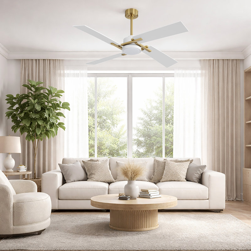 Ventilateur de plafond à 4 pales avec lumière DEL et télécommande Kyliegh, Doré, Blanc, 56 po de largeur