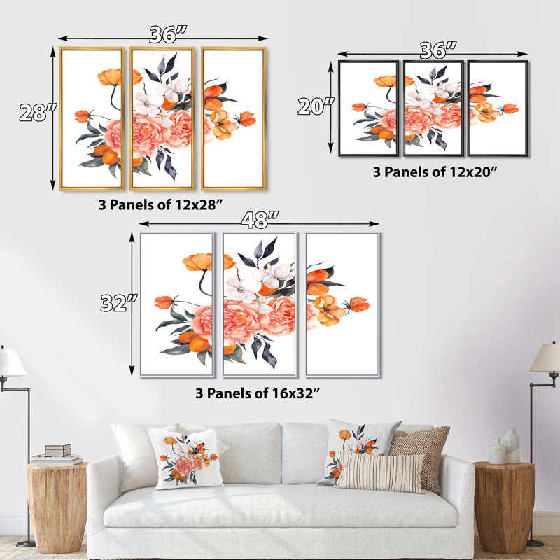 Bouquet avec citron, citron et tangerine I - 3 pièces, reproduction sur toile, H 28 po x l 36 po x P 1 po, Cadre brun