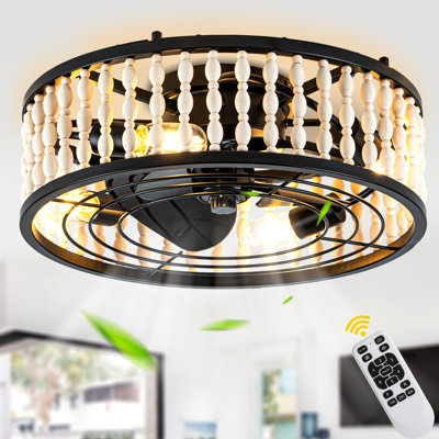 Ventilateur de plafond encastré Bohemia noir de 47,8 cm (18,8 po) avec lumière et télécommande, moteur CC réversible à 6 vitesses pour chambre à coucher