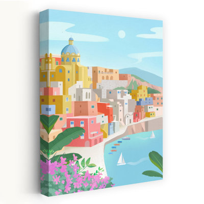 Île de Procida, Italie. Illustration murale côtière colorée, sereine et tranquille.