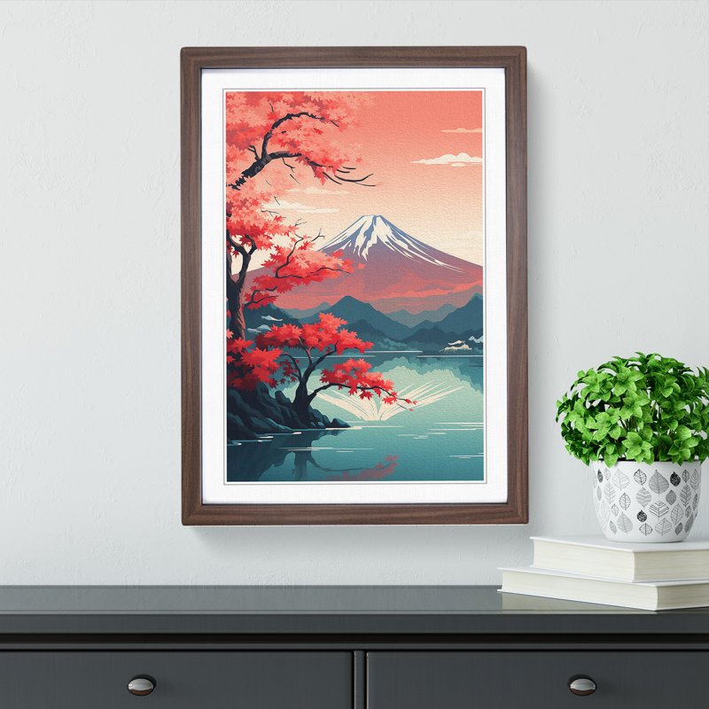 Mount Fuji Art Deco No.2 - Single Picture Frame Print on Wood, Walnut Framed, 34cm H x 25cm W x 2cm D