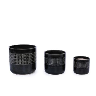 Set Of 3 Handmade Black Glazed Ceramic Planters With Drainage Holes For Indoor And Outdoor Plants | Gift Idea