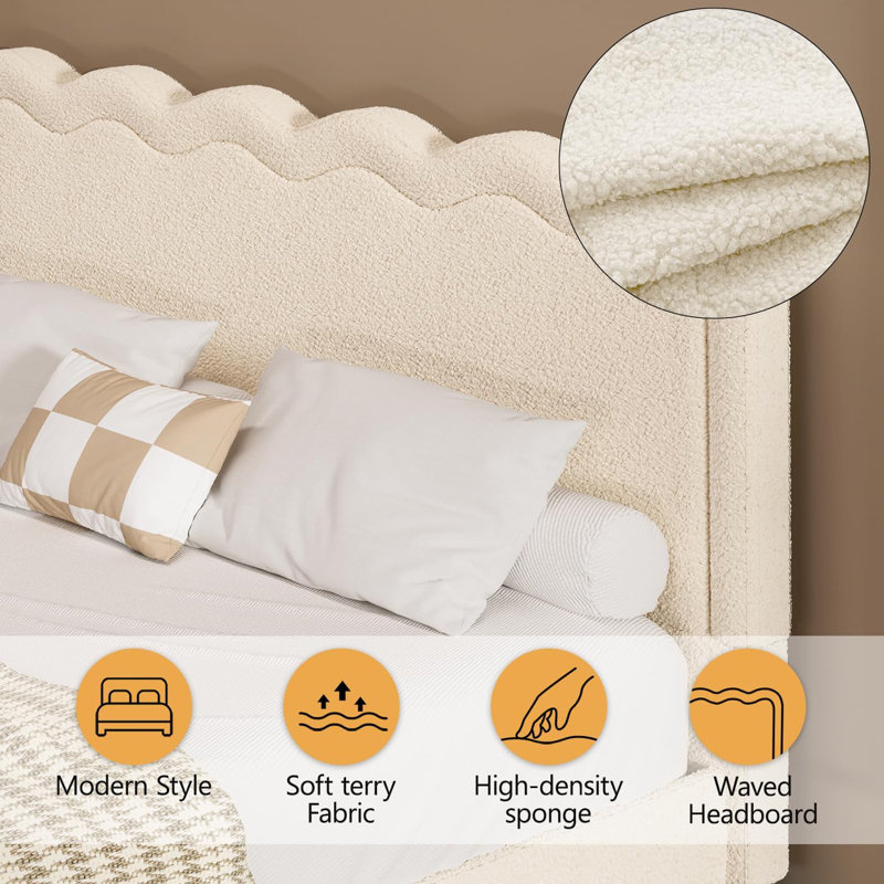 Queen Size Boucle Upholstered Floating Bed Frame With Led Lights, Visual Floating Led Platform Bed, No Box Spring Needed, Beige