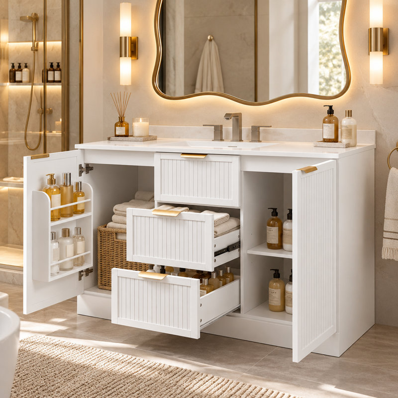 Meuble-lavabo simple blanc moderne de 48 po avec étagères réglables et charnières à fermeture en douceur