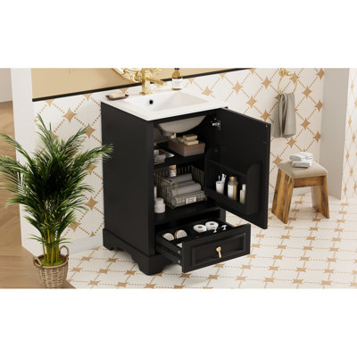 Meuble-lavabo de 20 pouces de conception moderne avec lavabo en céramique, tiroir à fermeture en douceur, rangement de porte, tablette réglable et structure en bois massif avec une fonction, un compartiment en forme de U