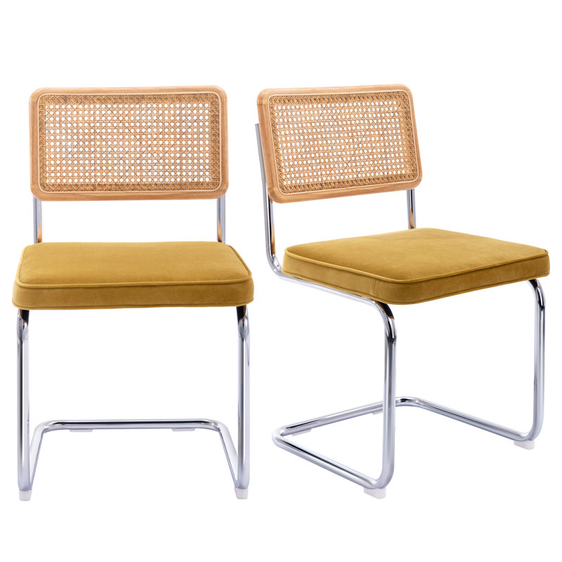 Yellow Velvet Upholstered Side Chair with Chrome Legs and Cane Back