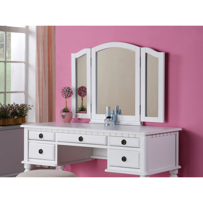 Contemporary White Bedroom Vanity With Stool And Storage Drawers, Echoing Classic Gilded Age Aesthetic, Made From Solid Rubberwood In Style Foldable Mirror, Padded Drawers For Cosmetic Storage,