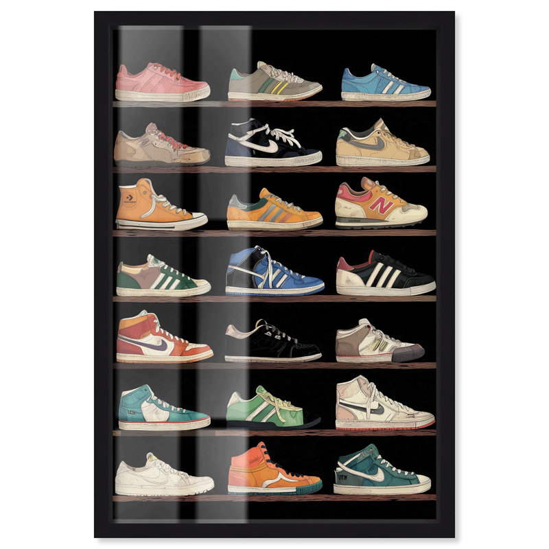 «Sneaker Collection on Sh tablettes», impression murale Shadowbox par Art Remedy, cadre noir, 17 x 25, Structure noire