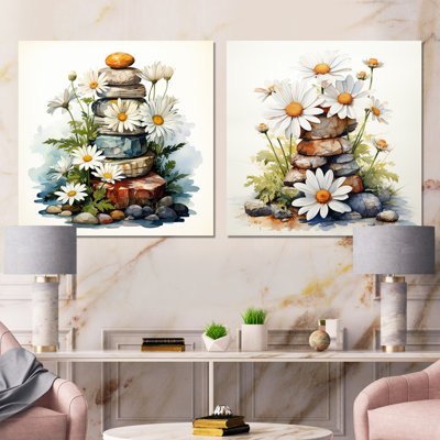 Fleur de marguerite sur pierre calme I - ensemble de 2 impressions sur toile marguerite