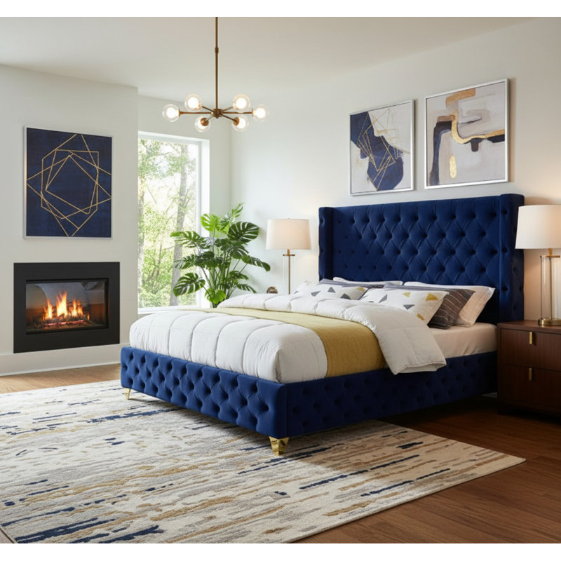 Dymonique Velvet Bed, Full, Navy Velvet