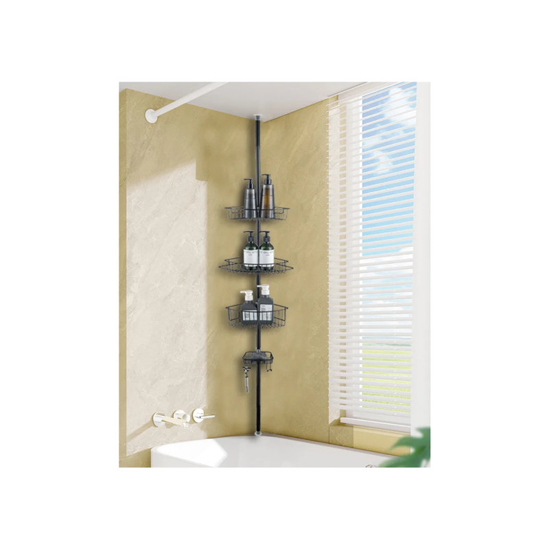 Coin de panier de douche pour salle de bain, organisateur de rangement de baignoire avec poteau de tension, Noir mat