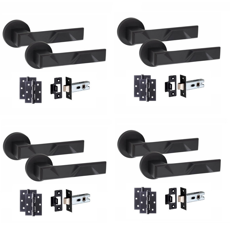 4 Pairs Modern Nova Design Premium Door Handles on Round Rose in Polished Chrome Finish with 2.5" Latch and 1 Pair of Ball Bearing Hinges
