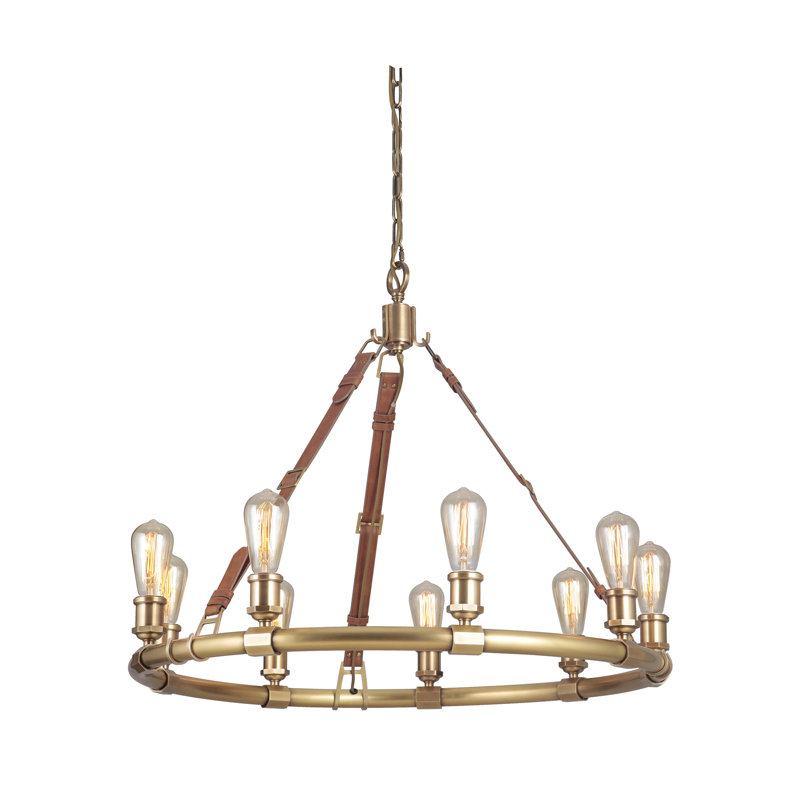 Bolger 9 - Light Wagon Wheel Chandelier, Vintage Brass