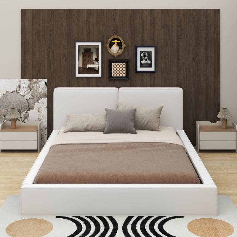 Grand lit tapissier au sol en velours, Beige