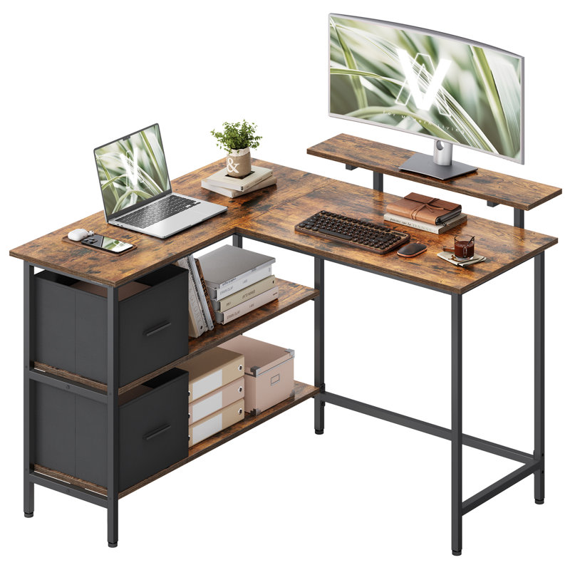 Aliyanah L-Shaped Steel Computer Desk, 89.5cm H x 115cm W x 105cm D, Rustic Brown