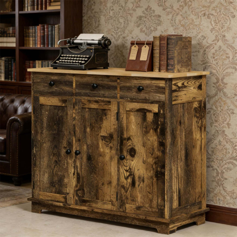 Rustic Style Floor Cupboard With Adjustable Shelves And Large Drawers For Versatile Home Storage Solutions, Rustic Brown