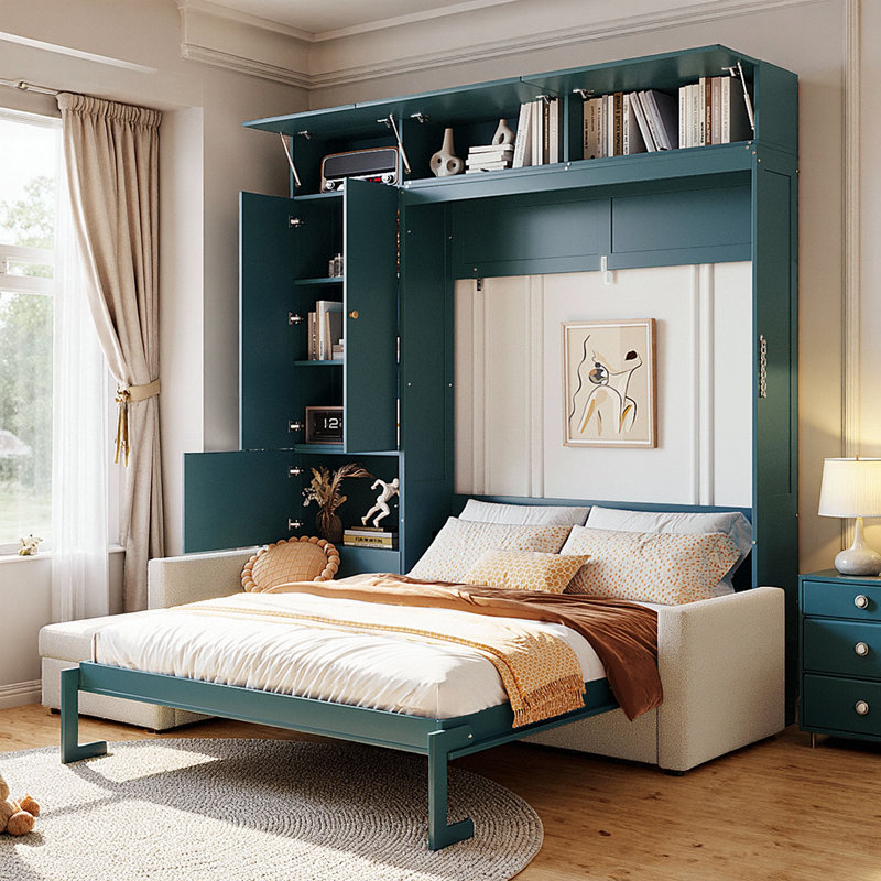 Grand lit escamotable mural avec canapé en forme de L et rangement, Vert