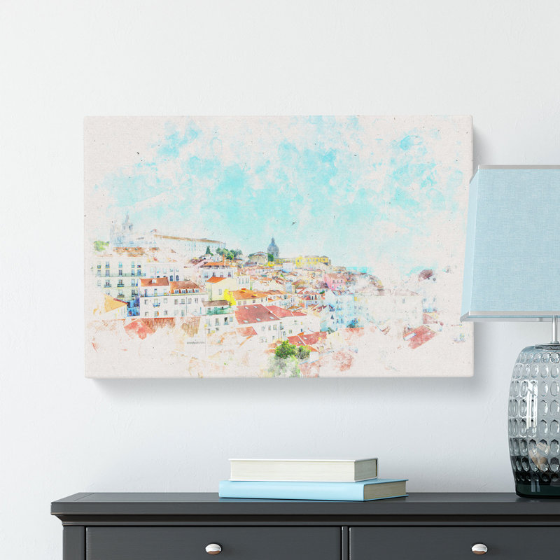 Skyline Of Alfalma Lisbon Portugal Watercolour - Wrapped Canvas Print, 35cm H x 50cm W x 3cm D