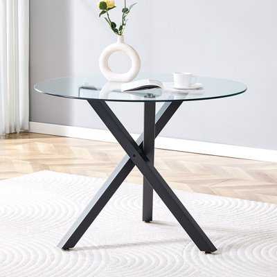 Table de salle à manger ronde de 39 po, table de salle à manger en verre avec pieds de soutien noirs, idéale pour les salons et les espaces compacts.