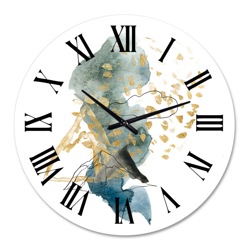 Paysage avec montagnes bleues foncées et coups d'or I - horloge murale moderne, Moyenne