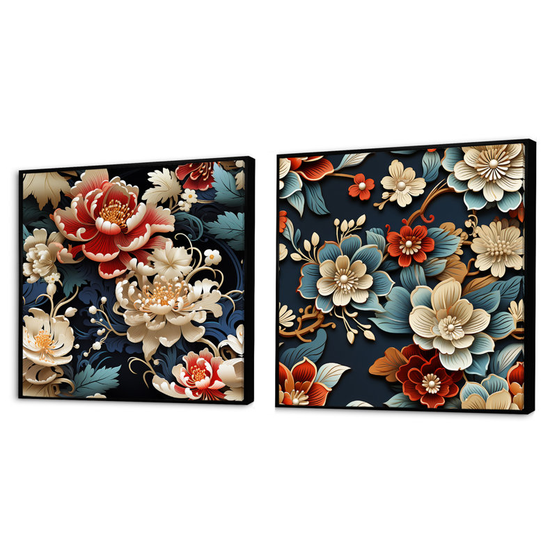 Veney - Ensemble de 2 collages carrés floraux, Cadre flottant noir, H 36 po x l 73 po
