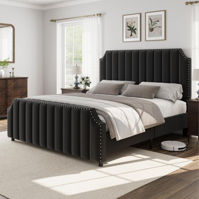 California King Velvet Upholstered Platform Bed, 50.2" Vertical Channel Tufted Headboard & Footboard with Nailhead Trim, Noise-Free Wood Slat Base, No Box Spring Needed, Black