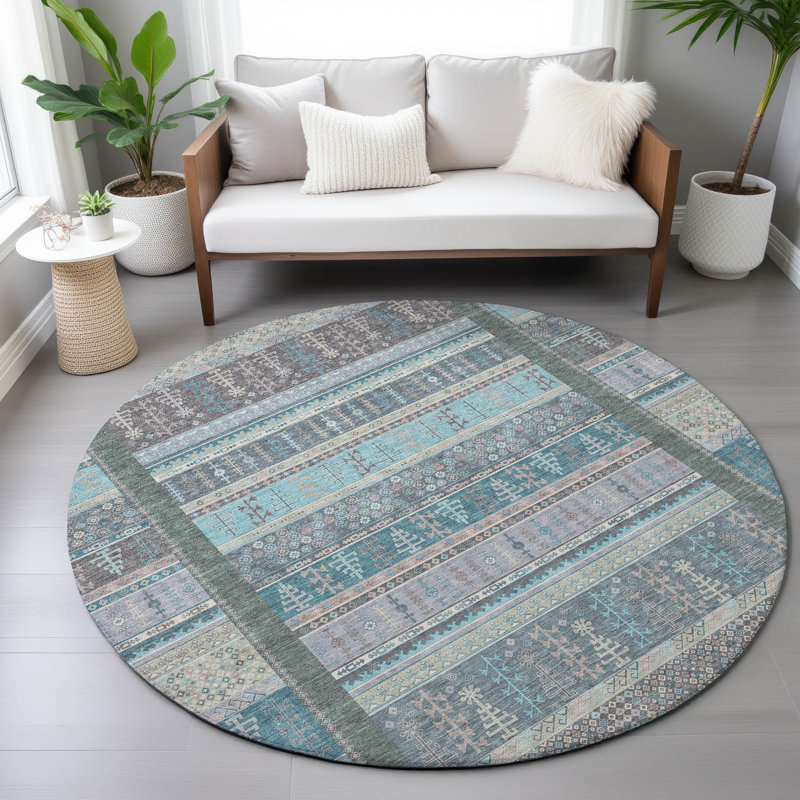 Machine Washable Indoor/Outdoor Meredith ACN2160 Striped Rug, Round 8'