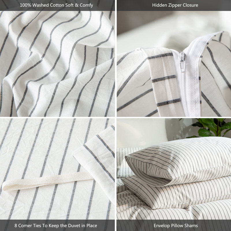 King White Stripe Cotton Duvet Cover Set with Pillowcases