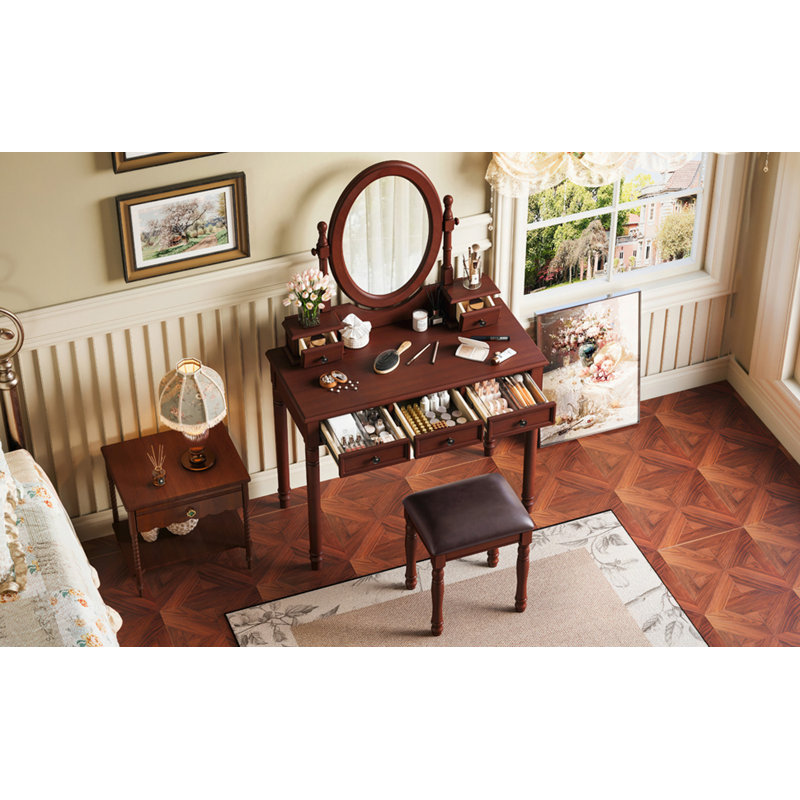 Ensemble de coiffeuse avec miroir à angle réglable, ensemble de coiffeuse et tabouret rembourré avec doublure en velours 5 tiroirs, ensemble de coiffeuse en bois pour la chambre à coucher