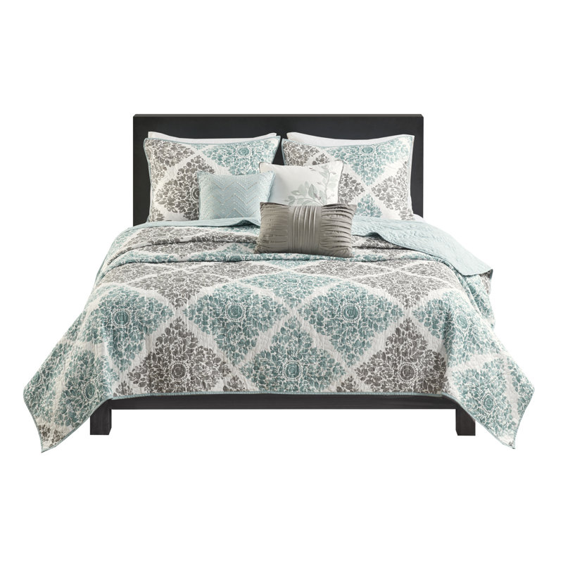 Aqua Reversible Quilt Set With Embroidered Pillows