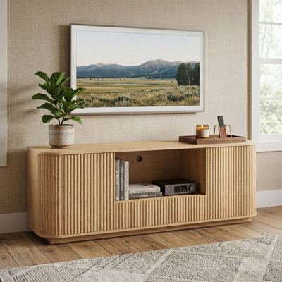 Modern 64-Inch Wavy Media Console with Rounded Edges and Vertical Stripe Design Natural Wood Storage Cabinet for Living Room Bedroom Entryway