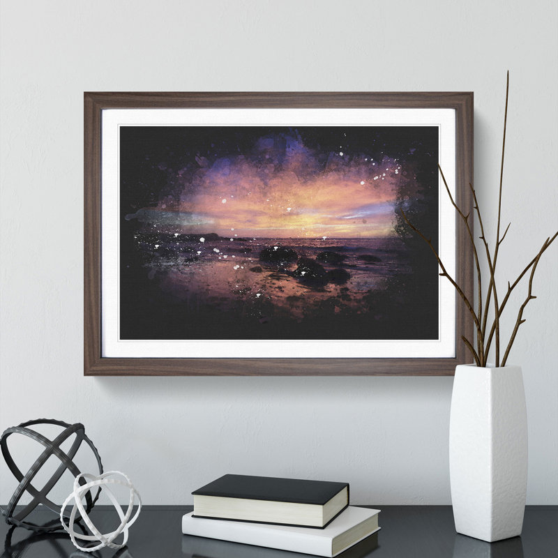 Purple Beach Sunset - Single Picture Frame Print on Wood, Walnut Framed, 27cm H x 36cm W x 2cm D