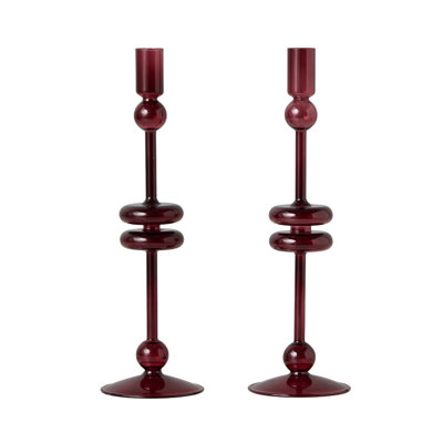 Tabletop Glass Candlestick - Set of 2 - 12"H - Merlot Red