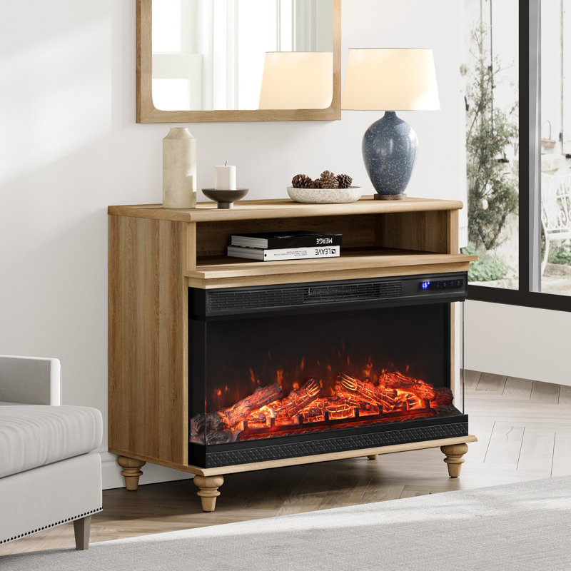 Fireplace End Table Wooden Side Table For Living Room, 36" Electric Fireplace, 3D Freestanding Fireplace Stove Heater, Brown