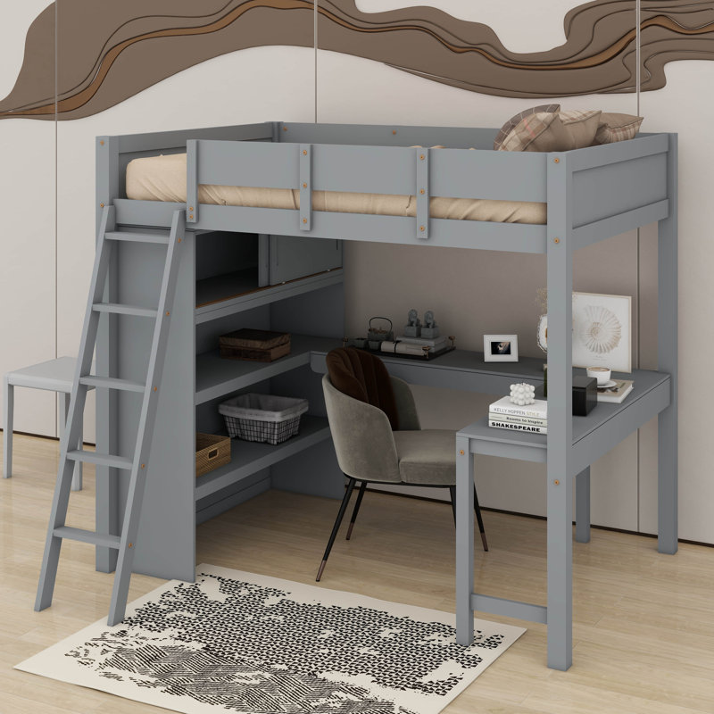 Lit mezzanine double avec bureau et tablette, Gris