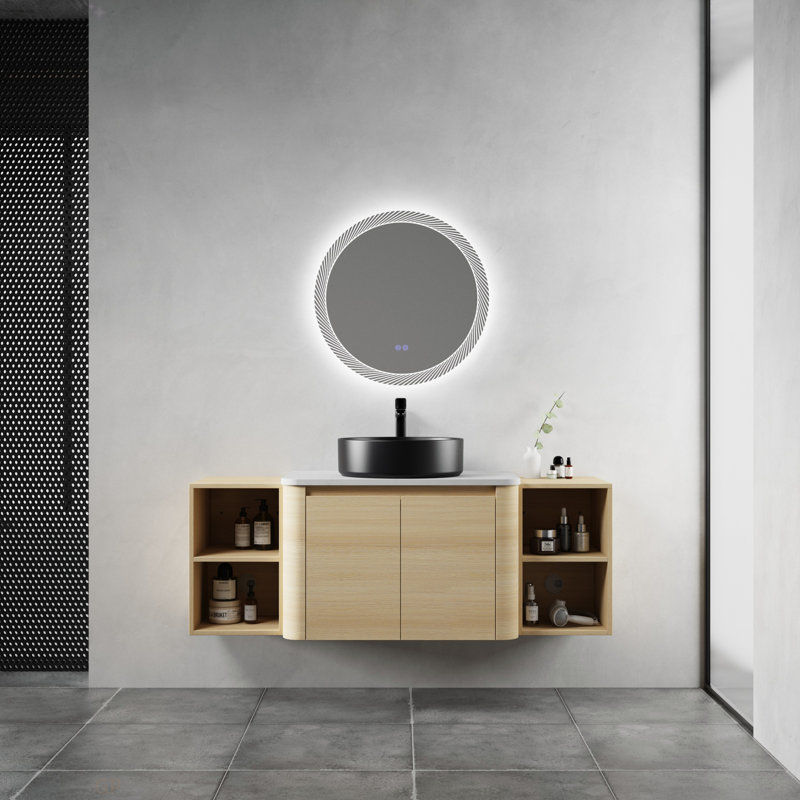 Meuble-lavabo mural 54 po avec lavabo d'art en céramique et 2 tablettes de rangement, 2 portes à fermeture douce, emballage KD, contreplaqué