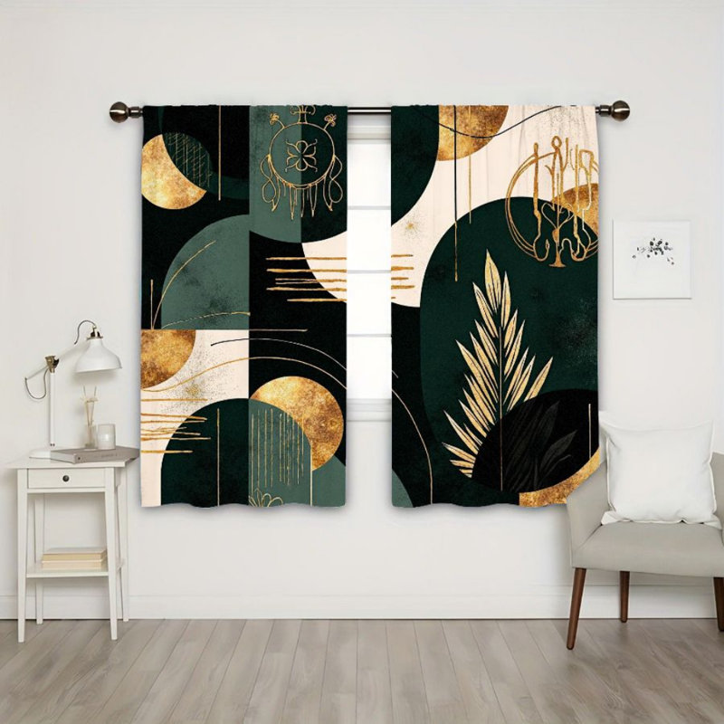 2Pcs Dreamy Abstract Geometric Gold Leaf Curtains, Dark Green White Modern Art Pattern, Rod Pocket Sun Blocking, Chic Boho Style, All-Season For Living Room Bedroom Study Window Decor