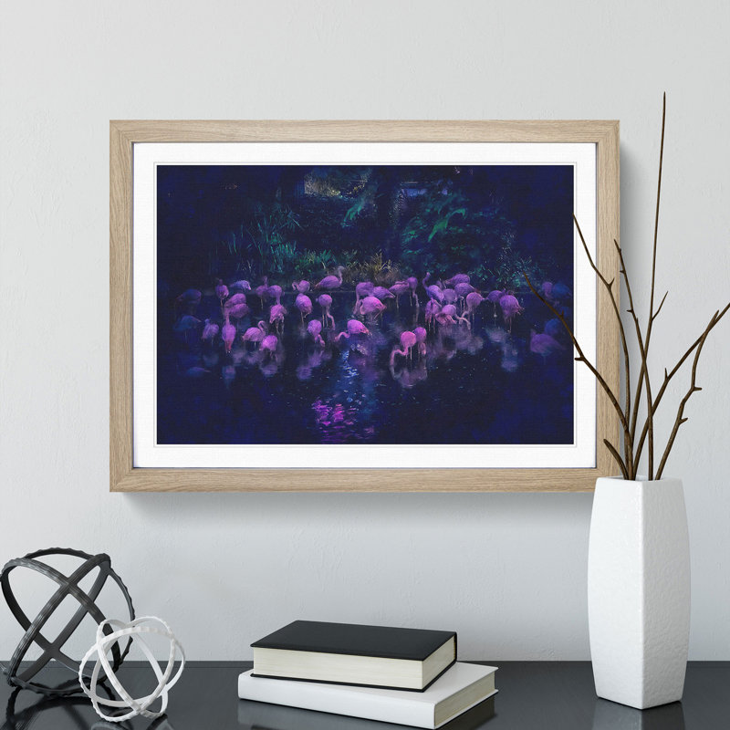 Neon Flamingos - Picture Frame Graphic Art Print, 62cm H x 87cm W x 2cm D, Oak Framed