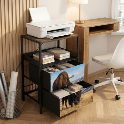 Table de chevet 2 tiroirs avec station de charge, table de chevet pour chambre avec ports USB et amp; Outlets, tablette ouverte noire, table de chevet avec bison américain